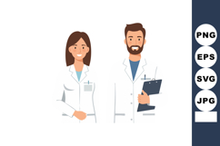 Male and Female Doctors Wearing White Coats Holding Clipboar Product Image 1