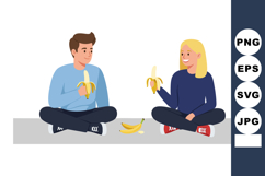 Man and Woman Sitting Eating Bananas Together Casual Vector Product Image 1