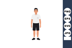 Boy standing in white shirt and black shorts casual outfit v Product Image 1