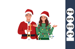 Man and Woman Wearing Santa Hats Holding Christmas Present a Product Image 1