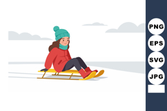 Child on sled wearing red jacket and blue hat sliding on sno Product Image 1