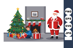 Santa Claus and Child with Christmas Tree and Gifts in Cozy Product Image 1
