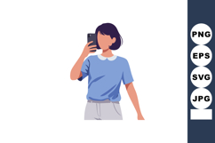 Woman Taking Selfie with Smartphone in Blue Shirt and White Product Image 1