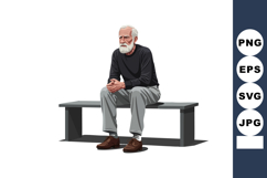 Elderly man sitting on bench in thoughtful pose casual cloth Product Image 1