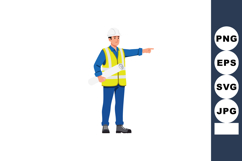 Construction worker wearing safety vest and helmet pointing Product Image 1
