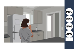 Woman using smartphone in modern kitchen interior with gray Product Image 1