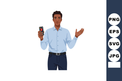 Man Holding Smartphone Explaining Presentation Gesture in Bl Product Image 1