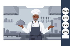 Male chef presenting covered dish in professional kitchen co Product Image 1