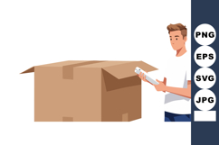 Man unpacking large cardboard box with white shirt and blue Product Image 1