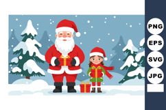 Santa Claus with child holding gifts in snowy winter forest Product Image 1