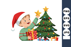 Boy decorating Christmas tree with star and holding wrapped Product Image 1