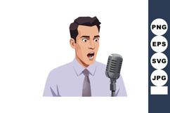 Man in purple shirt and tie speaking into vintage microphone Product Image 1