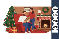 Family celebrating Christmas with dog by fireplace and decor Product Image 1
