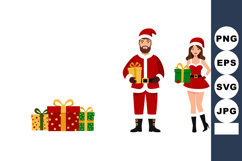 Santa Claus and Woman in Christmas Costumes Holding Gifts wi Product Image 1