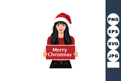Woman wearing Santa hat holding Merry Christmas sign festive Product Image 1