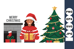 Woman holding Christmas gift near decorated tree and firepla Product Image 1