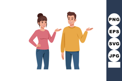 Young man and woman standing and gesturing in casual clothin Product Image 1