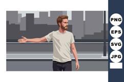 Man standing outdoors in cityscape with grey buildings and c Product Image 1