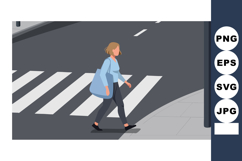 Woman crossing street at pedestrian zebra crossing urban cit Product Image 1