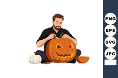 Man carving large orange pumpkin for Halloween decoration wi Product Image 1