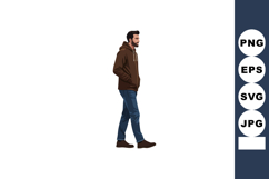 Man Walking Wearing Brown Hoodie and Blue Jeans Casual Style Product Image 1