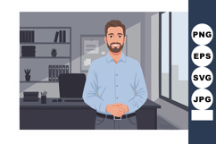 Man standing in modern office with blue shirt smiling confid Product Image 1