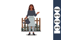 Woman watering plants in garden with watering can and wooden Product Image 1