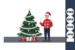 Man in Santa Hat Holding Candle Near Decorated Christmas Tre Product Image 1