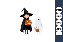 Child dressed as witch and ghost holding Halloween pumpkin a Product Image 1