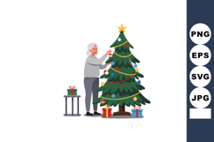 Elderly woman decorating Christmas tree with gifts and star Product Image 1