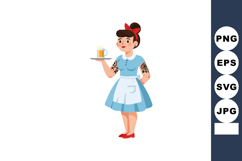 Female waitress serving beer tray with red bow and blue dres Product Image 1