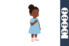 Little girl standing with hand on chest wearing blue dress a Product Image 1