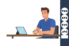Young Man Playing Video Games Sitting at Desk with Tablet an Product Image 1