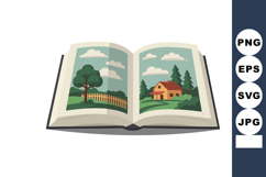 Open book illustration with countryside landscape and house Product Image 1
