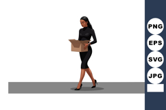 Woman carrying open cardboard box walking in black dress and Product Image 1