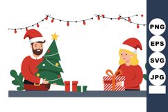 Man and Woman Decorating Christmas Tree and Wrapping Present Product Image 1