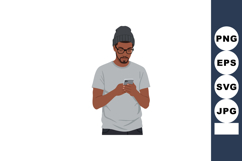 Man with glasses using smartphone in casual grey t-shirt vec Product Image 1