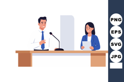Male and Female News Anchors Hosting Live Broadcast in Studi Product Image 1