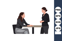 Two Women Having Conversation at Table in Casual Office Sett Product Image 1