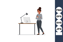 Woman standing by desk holding coffee cup in modern office w Product Image 1