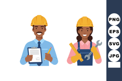 Male and Female Construction Workers Holding Tools and Clipb Product Image 1