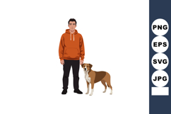 Man wearing orange hoodie standing with brown and white dog Product Image 1