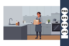 Woman carrying cardboard box in modern kitchen interior vect Product Image 1