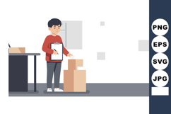 Delivery man checking clipboard in warehouse with cardboard Product Image 1