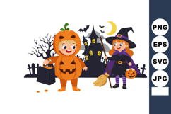 Children dressed in Halloween costumes pumpkin and witch wit Product Image 1
