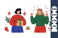 Two Women Celebrating Christmas with Gifts and Festive Decor Product Image 1