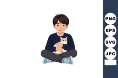 Boy Sitting Cross Legged Holding White Cat Vector Illustrati Product Image 1