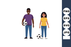 Young man and woman standing with soccer balls casual sport Product Image 1