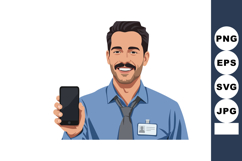 Man Showing Smartphone Screen Wearing Blue Shirt and Tie Vec Product Image 1