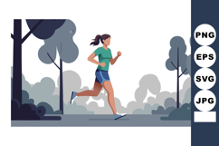 Woman Running Outdoors in Green Shirt and Blue Shorts on Tra Product Image 1